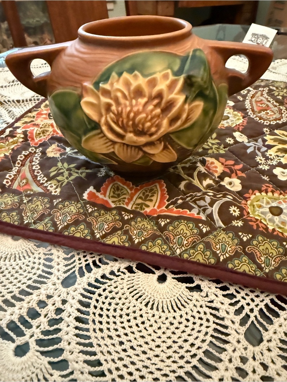 Vintage Roseville Pottery, Water Lilly Floral Vase, no. 4374 from 1940’s.